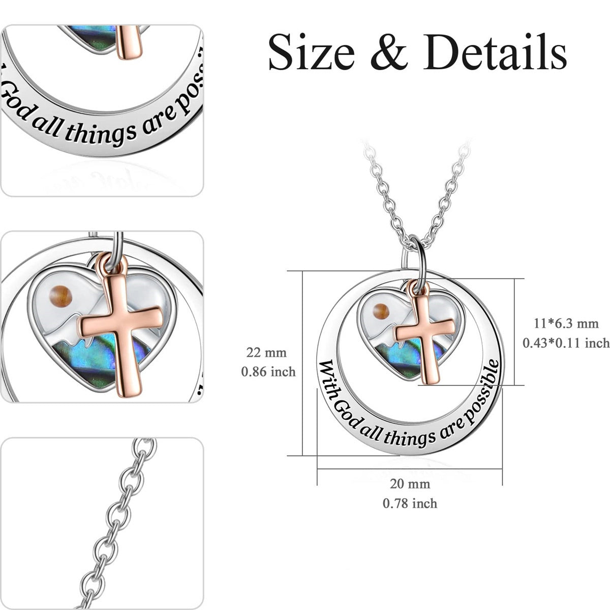 Abalone Shell "With God All Things Are Possible" Cross Necklace | Heart Faith Pendant