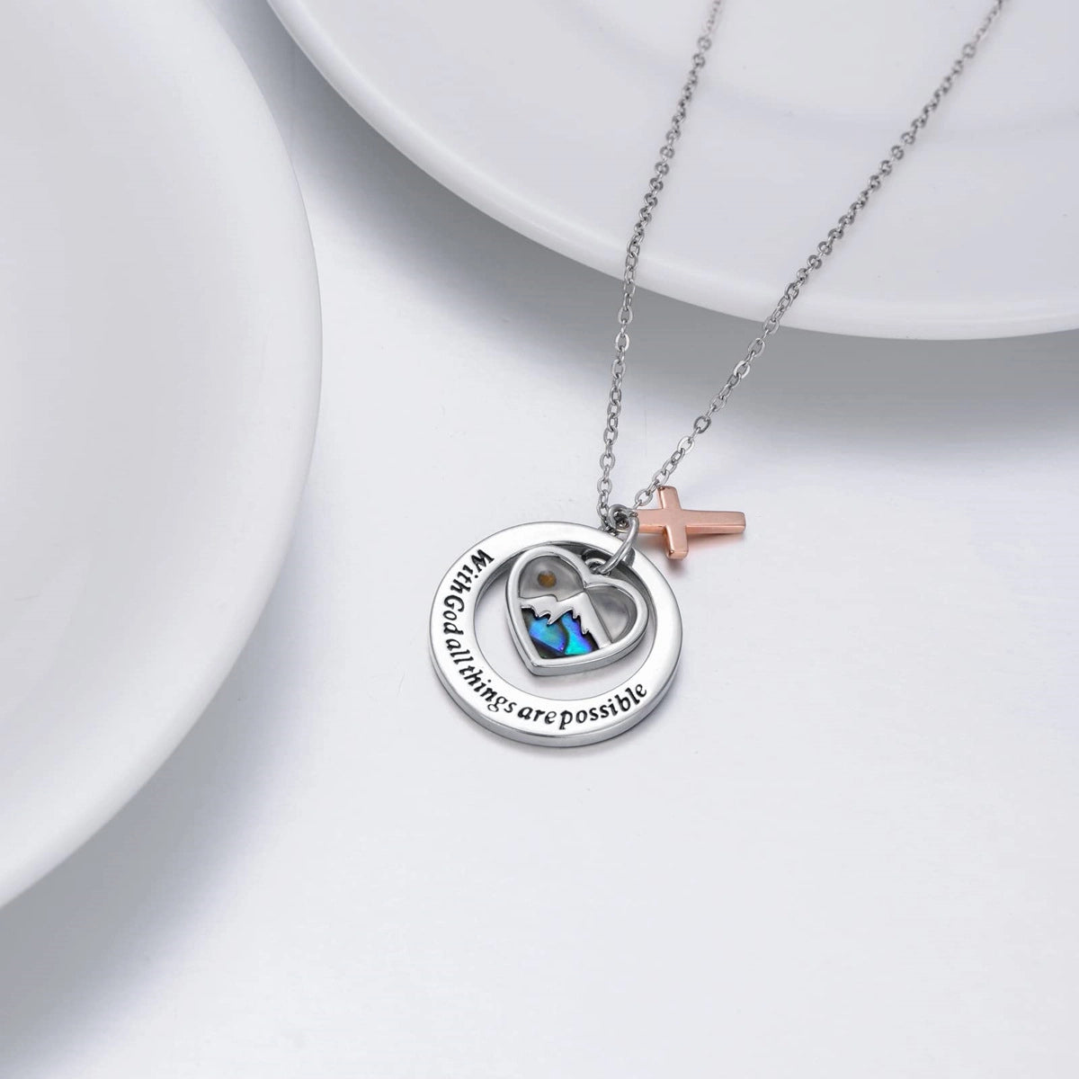 Abalone Shell "With God All Things Are Possible" Cross Necklace | Heart Faith Pendant