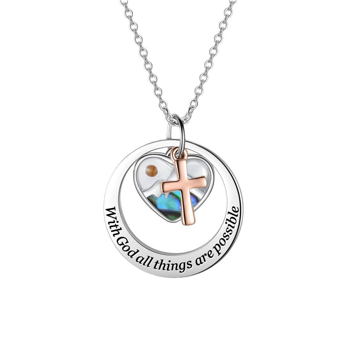 Abalone Shell "With God All Things Are Possible" Cross Necklace | Heart Faith Pendant
